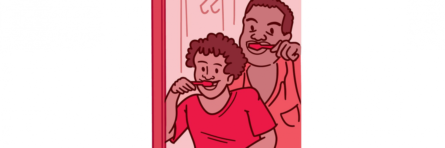 Illustration of a father and son brushing their teeth together in the bathroom mirror