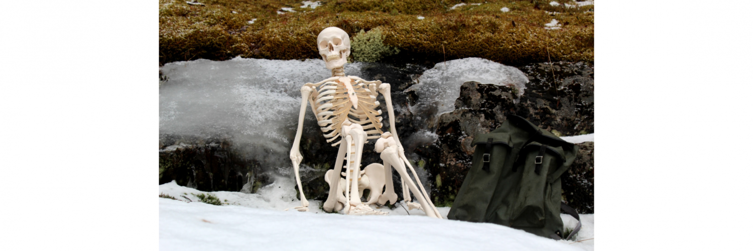Human skeleton sitting on snow-covered ground next to their backpack enjoying the view on their break from a stroll outdoors