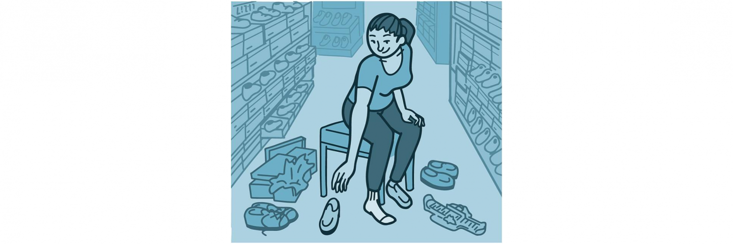 Illustration of a woman at a shoe store trying on shoes