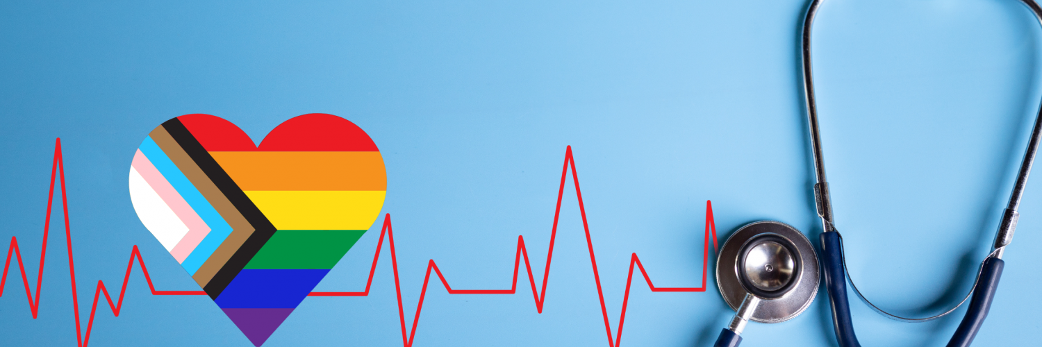 A heart-shaped LGBTQ+ Pride Flag along an electrocardiogram pulse line leading to a stethoscope, while a line of people shapes in a range of rainbow colors stands underneath the heart.