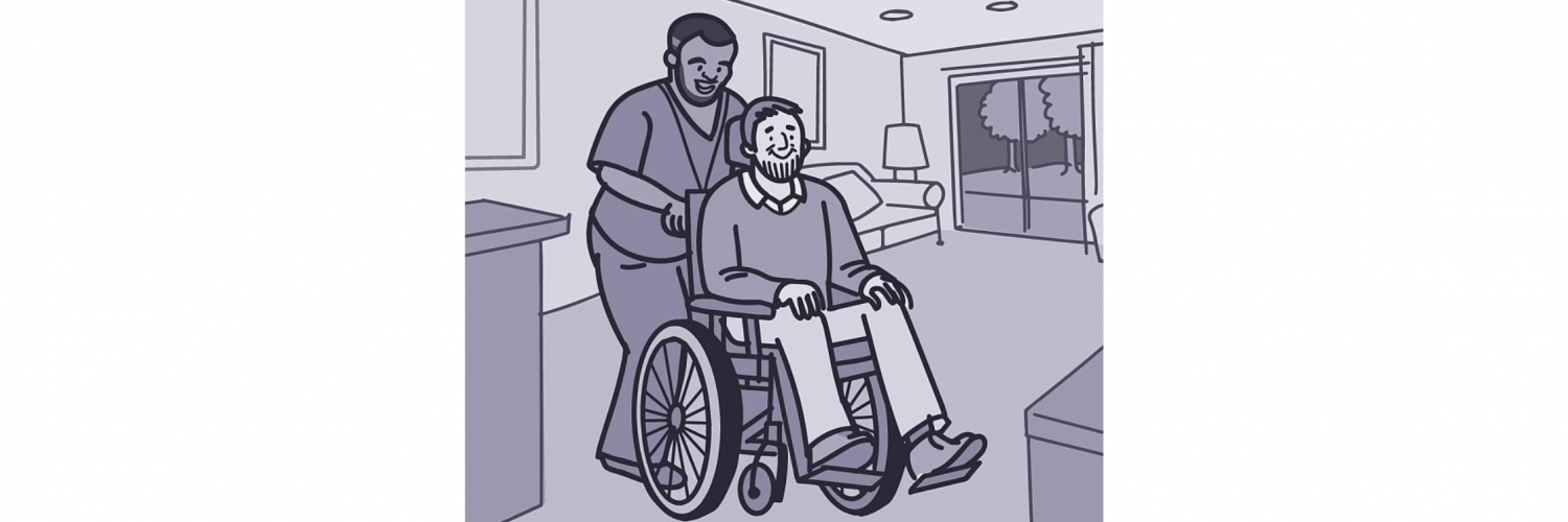Illustration of a health care worker pushing a person with ALS in a wheelchair