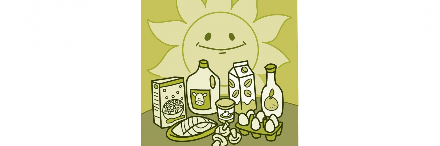 Illustration of the sun shining down on foods with vitamin D