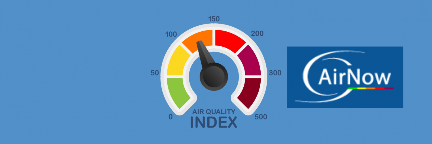 Logotipo de AirNow con un gráfico de medidor de índice de calidad del aire al lado