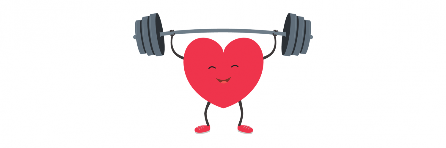 A smiling anthropomorphic heart lifting a barbell weight.