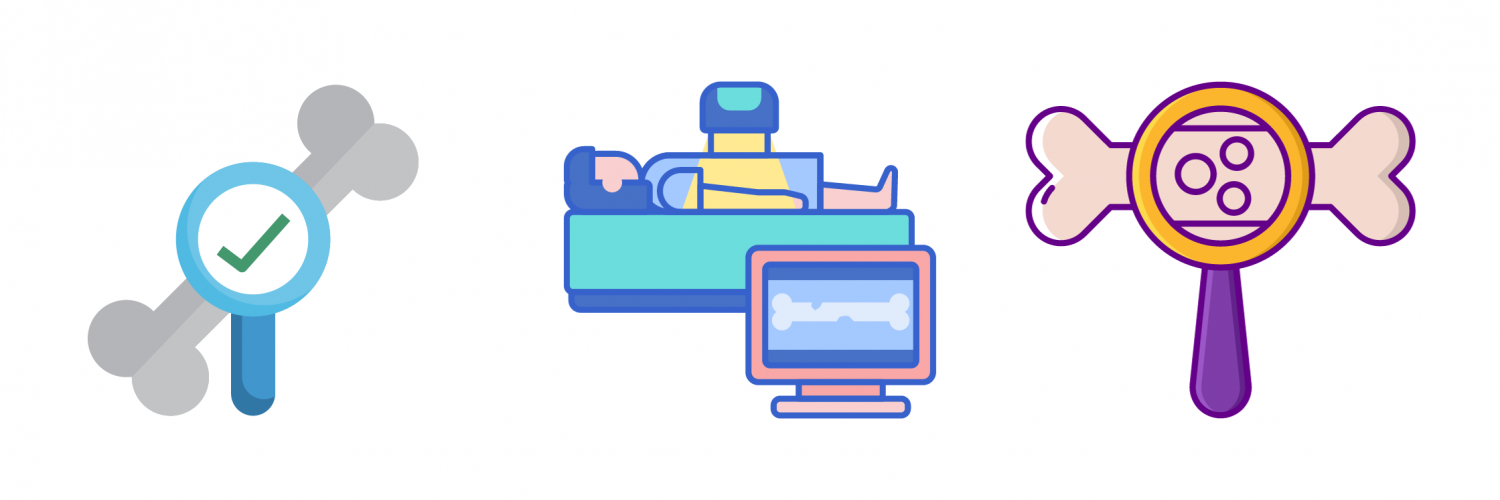 Bone density testing icons on both sides of an illustration of someone undergoing a bone density imaging test