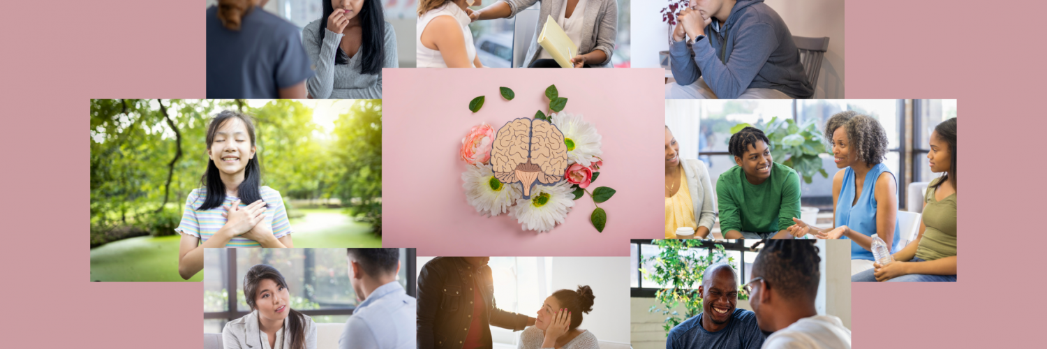 Collage of multicultural groups in mental health scenarios such as support groups and therapy sessions