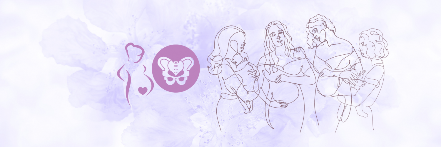 Vector illustrations of pregnant people, mothers holding newborn babies, and with a pelvic health logo
