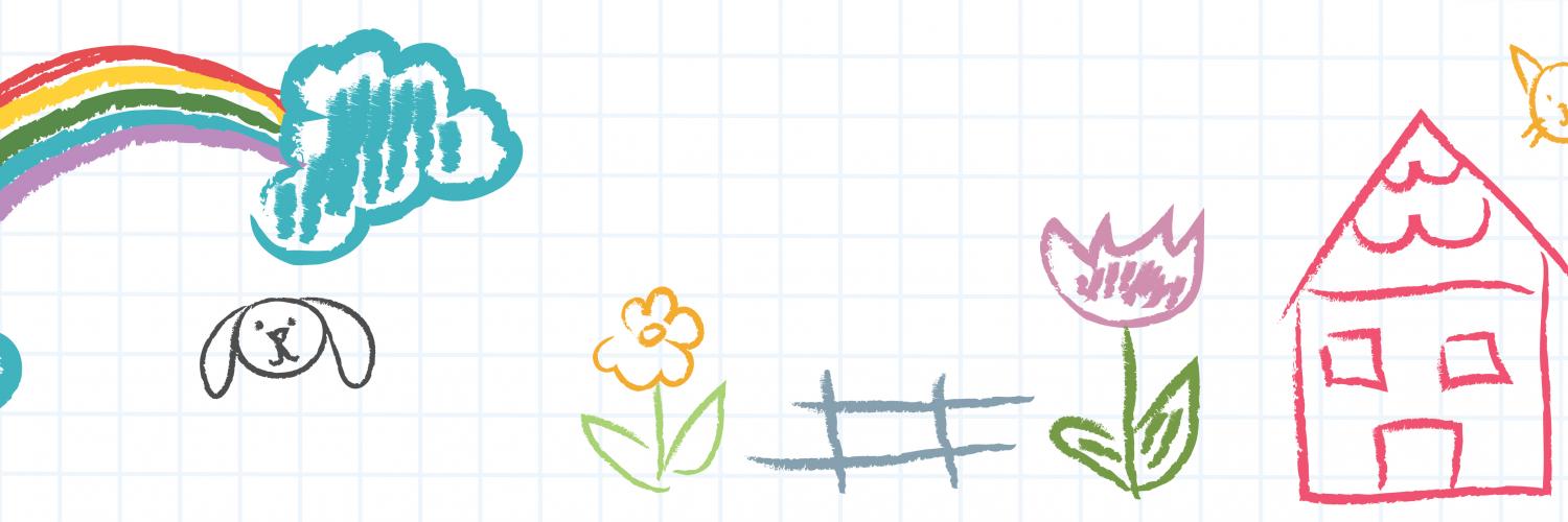 child's crayon drawing of a house, flowers, fruit tree, bumble bee, and a rainbow in the sky with clouds