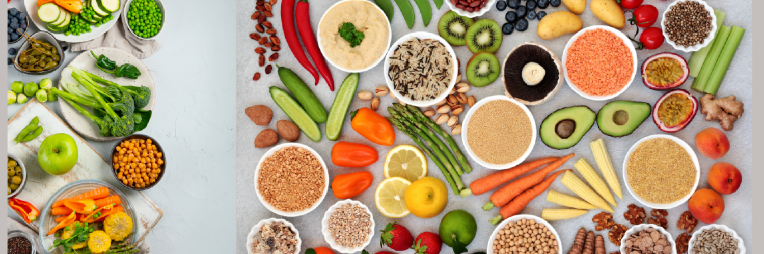 Plant-based foods display including grains, nuts, seeds, fruits, vegetables, cereals, legumes, and spices