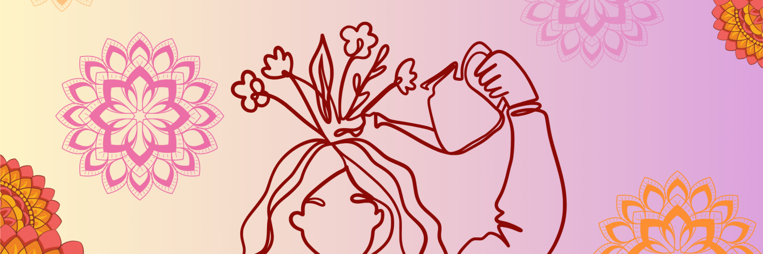 mental health illustration of woman pouring water on flowers growing out of her head surrounded by colorful mandalas