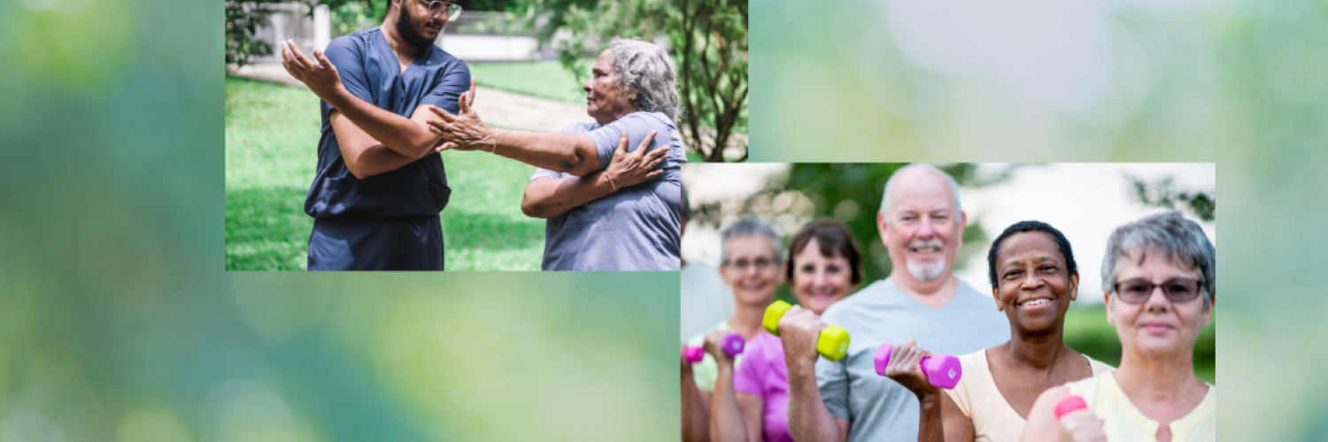 groups of seniors exercising together and with a healthcare provider