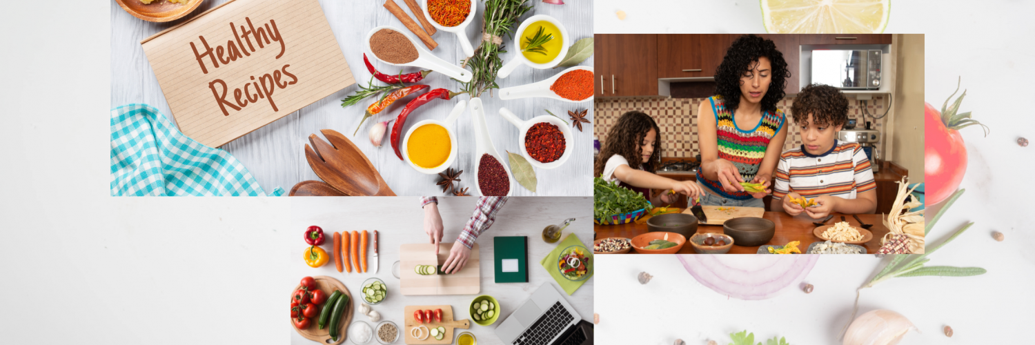 'healthy recipes' on notepad surrounded by spices; family cooking a meal; someone preparing ingredients for cooking; background countertop with fruits, vegetables, and spices