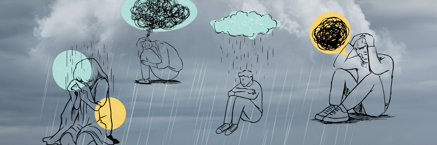 four freehand doodles of people in different stages of depression with a background of a dark rainstorm cloud raining down on the doodles