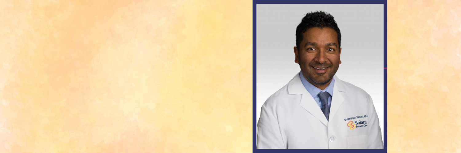 picture of Dr. Velpari with an orange yellow watercolor background