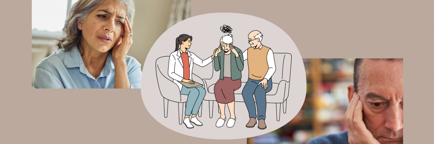 illustration of female doctor talking with elderly woman suffering from memory loss alongside relative; photo of elderly woman looking confused possibly from memory loss; photo of elderly man looking pensive and anxious possibly from memory loss