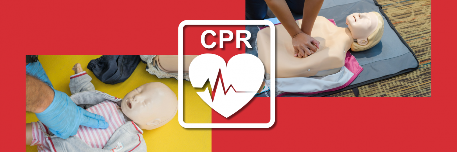 red background with pictures of demonstrations of chest compressions on adult and infant cpr dummies with a vector icon in white of a heart and the acronym 'cpr'