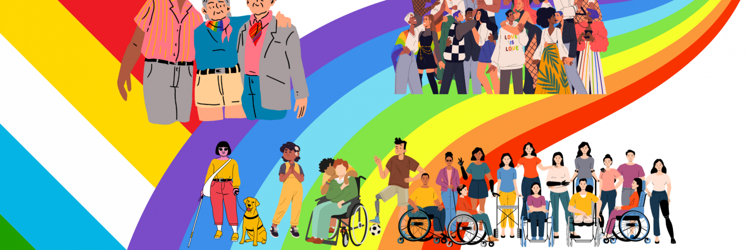 Pride & Disability Pride flags background with community members illustrated