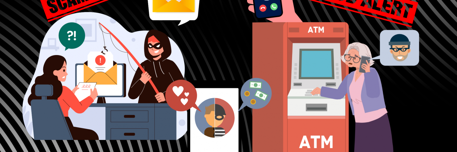 illustrations of fake email, love scam via cell phone, email phishing of a young woman through her computer, elderly woman going to an ATM due to being scammed in a deceptive money transfer, phone call marked as scam, with signs saying "scam alert" and "fraud alert"