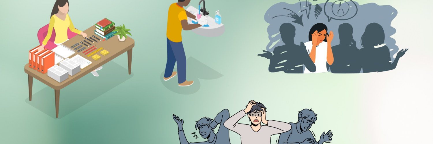 illustrations of woman with OCD perfectionism at a desk lining up items in a specific order, a man with OCD washing his hands constantly; a young woman experiencing anxiety in a crowd of people, and a young man experiencing inner fear and panic anxiety