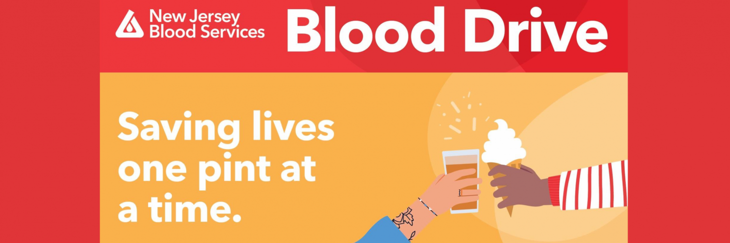 Vector art of one arm stretched out with a beverage in a cup toasting with another stretched out arm holding an ice cream cone dessert. New Jersey Blood Services logo with text reading "Blood Drive" and "Saving lives one pint at a time"