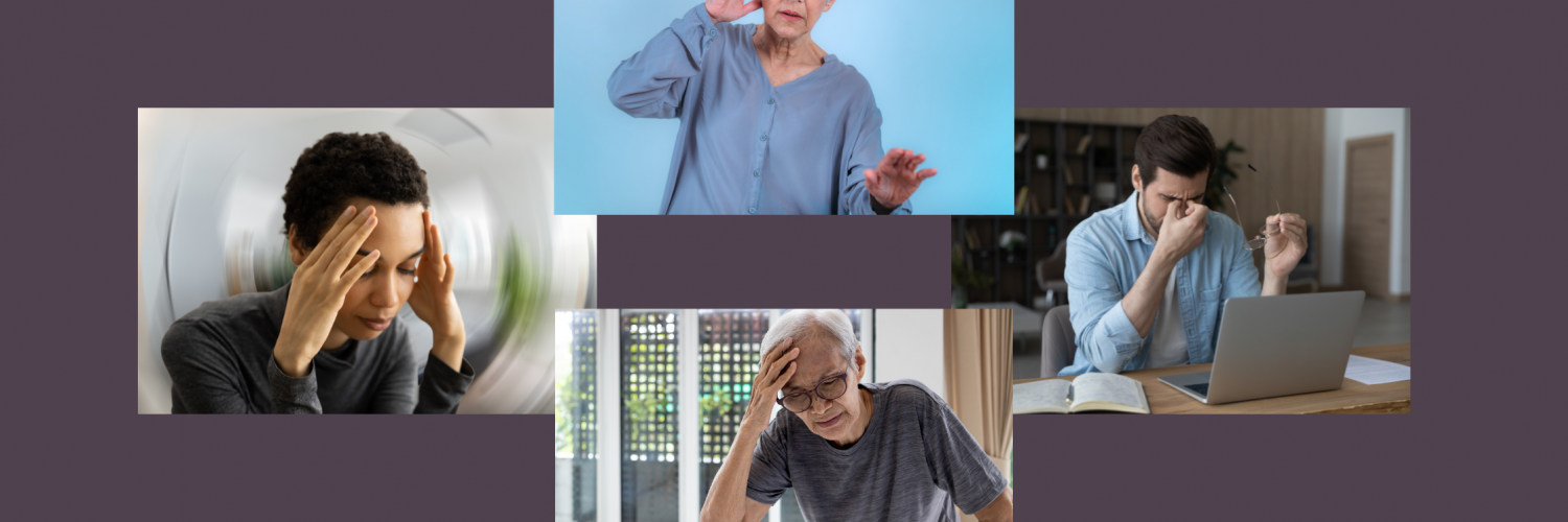 Four pictures of young and older adults experiencing different kinds of dizziness