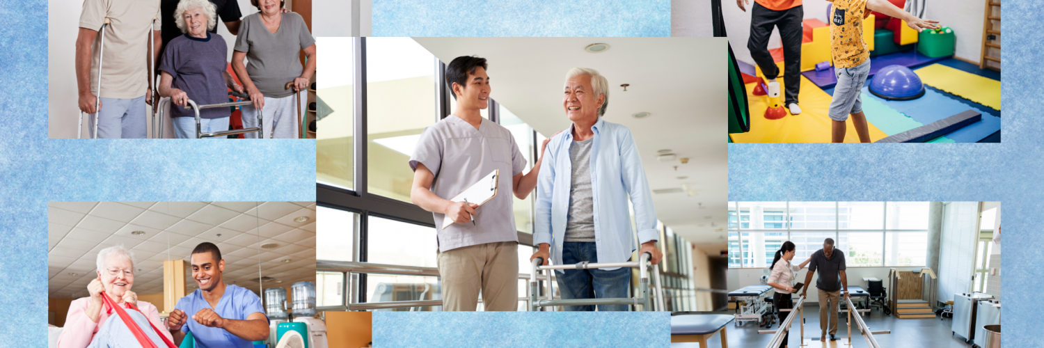 center: physical therapist talking and walking with a senior patient using walker; top left: group of senior physical therapy patients with a PT assistant; bottom left: physical therapist teaching a patient to do a PT exercise; top right: physical therapist guiding a child patient through occupational therapy exercise; bottom right: physical therapist helping patient with an equipment-assisted walking exercise