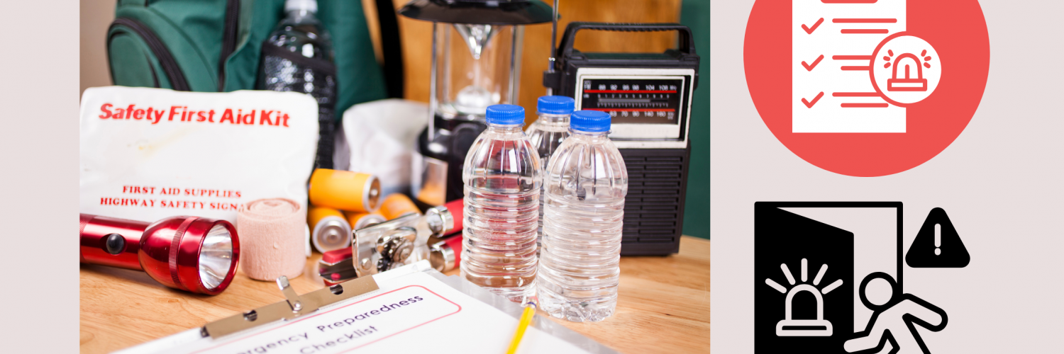 On a tabletop, an emergency preparedness checklist on clipboard with pencil, and emergency supplies with a backpack, including flashlight, batteries, water bottles, first aid kit, lantern, radio, and mask.