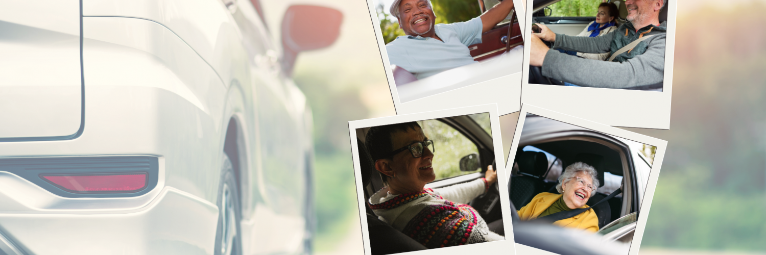 The background is a white car driving down a suburban road. The foreground has four photos of different older adults and seniors driving a car.