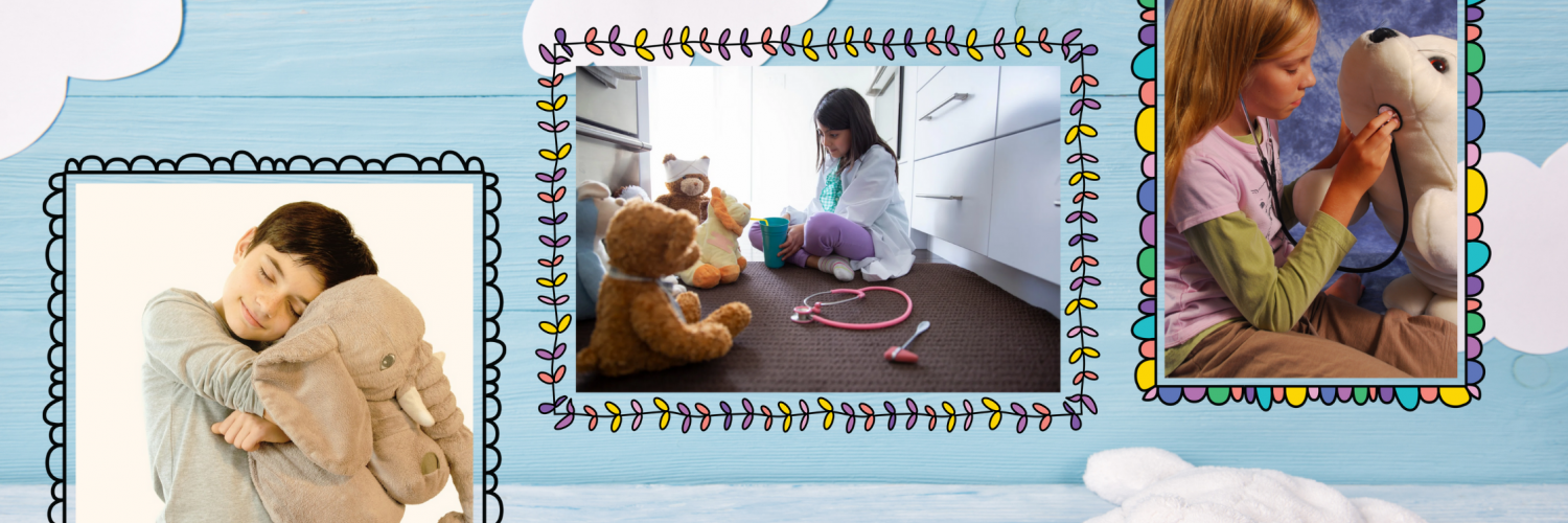 3 pictures of kids playing with their stuffed animals and giving them health checkups with a wall decorated as a blue sky background and a white stuffed bear toy at the bottom