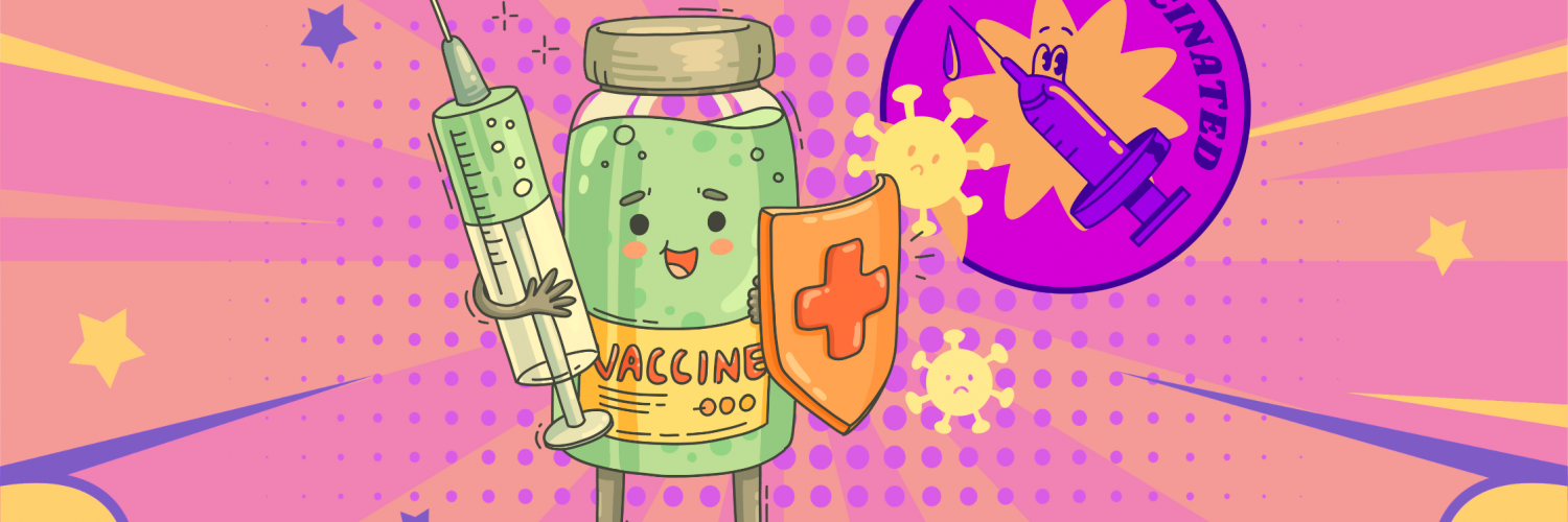 illustration of anthropomorphic vaccine carrying a syringe and a shield, with a message stating 'get vaccinated'
