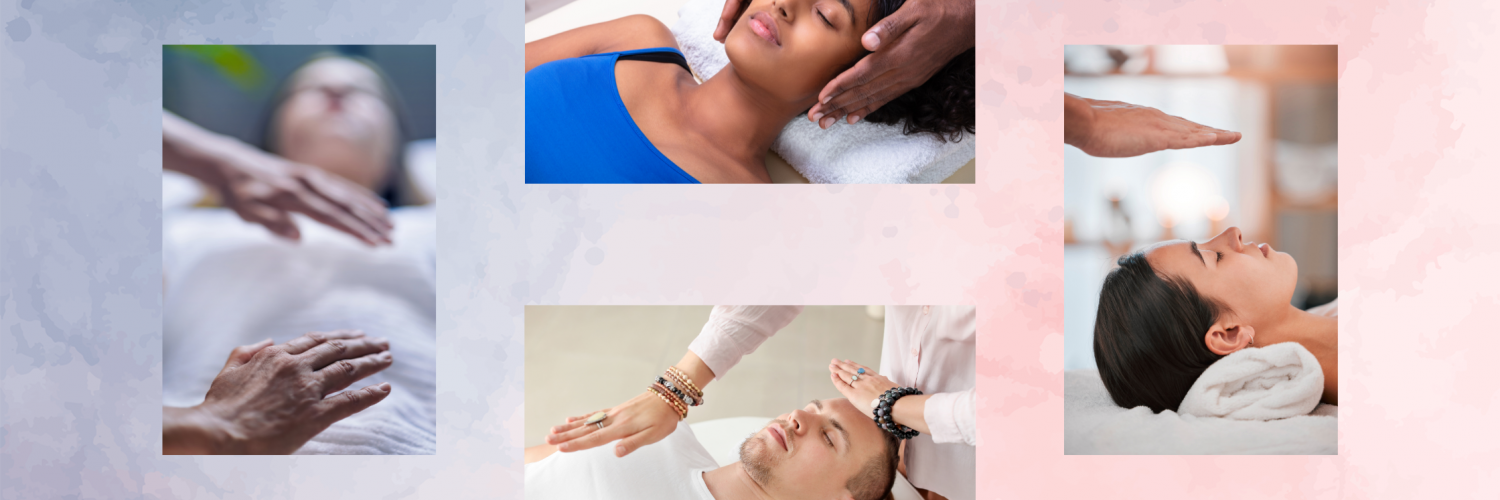 Four images of people experiencing a reiki session.