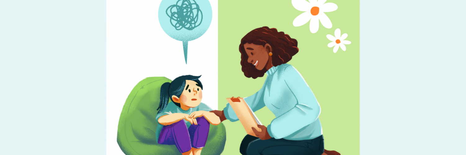 Illustration of an adult woman kneeling on the floor comforting or calmly talking with an anxious child sitting on a bean bag.