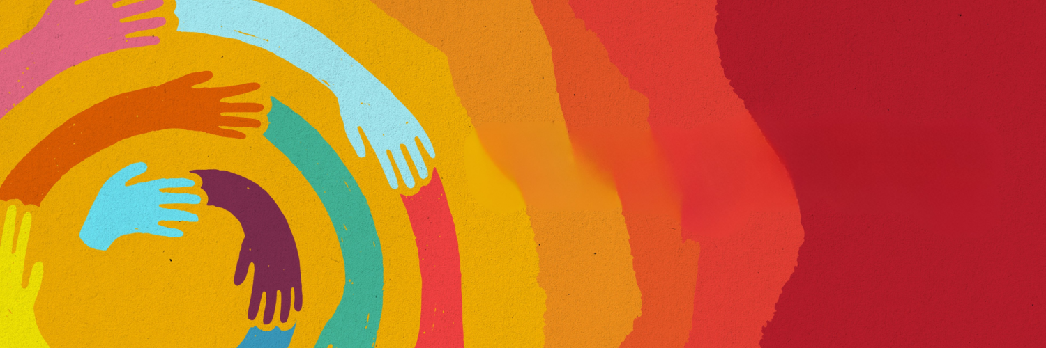 red-orange-yellow background with colorful hands set in a spiral