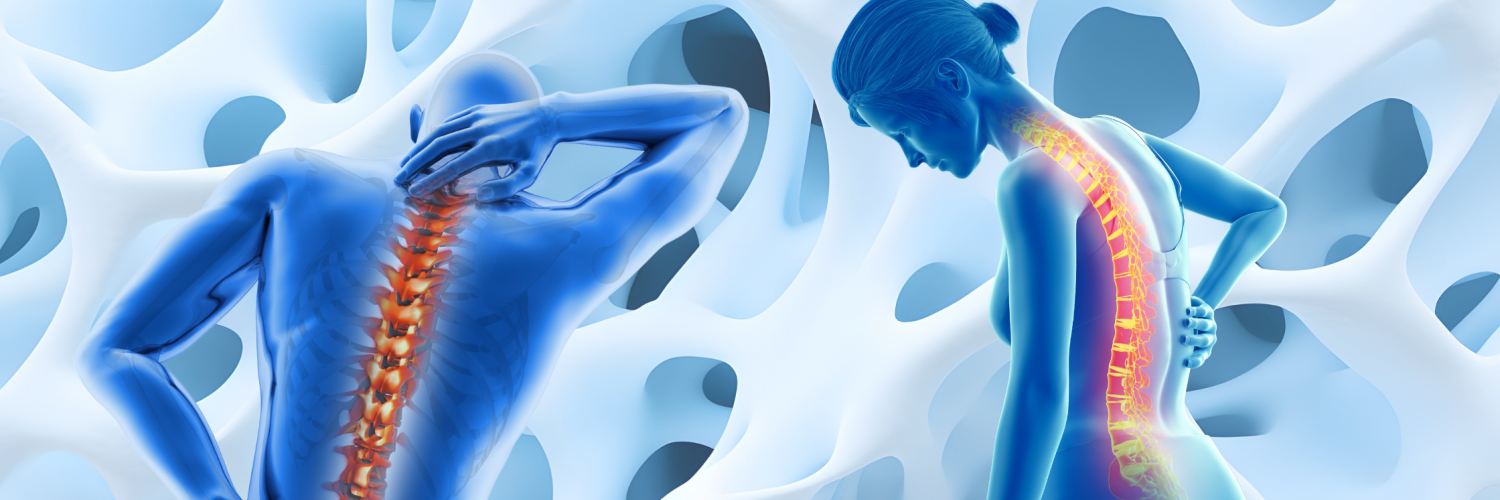 Illustration of man and woman having back pain with the spine highlighted in red.