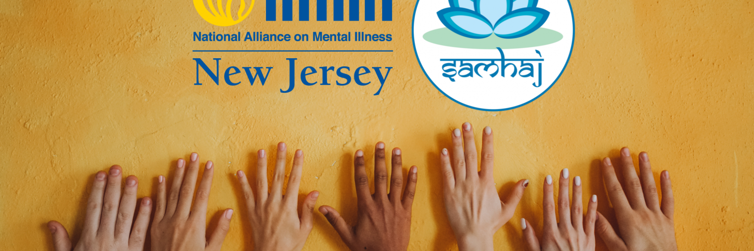 many hands of different shades of brown on a golden yellow painted stone wall with the NAMI NJ logo and SAMHAJ logo