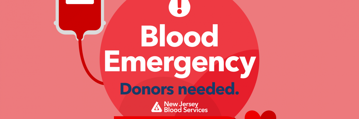 background vector art of floating blood bag connecting to a heart; a red circle with NJBS logo and text reading "Blood Emergency. Donors needed.” Below the red circle is a sign with text “Donate now.”