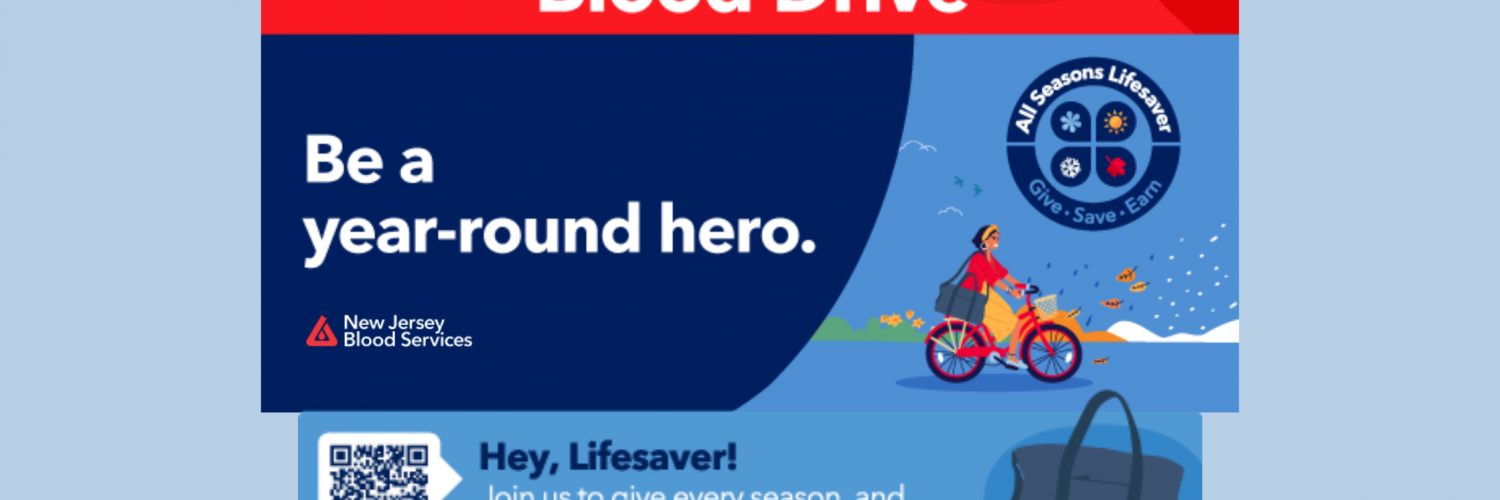 Text: Blood Drive. Be a year-round hero. All Seasons Lifesaver. Give. Save. Earn. Hey, Lifesaver! Join us to give every season, and get a premium weekender bag. Vector illustration: woman riding a bike while holding a weekender bag.