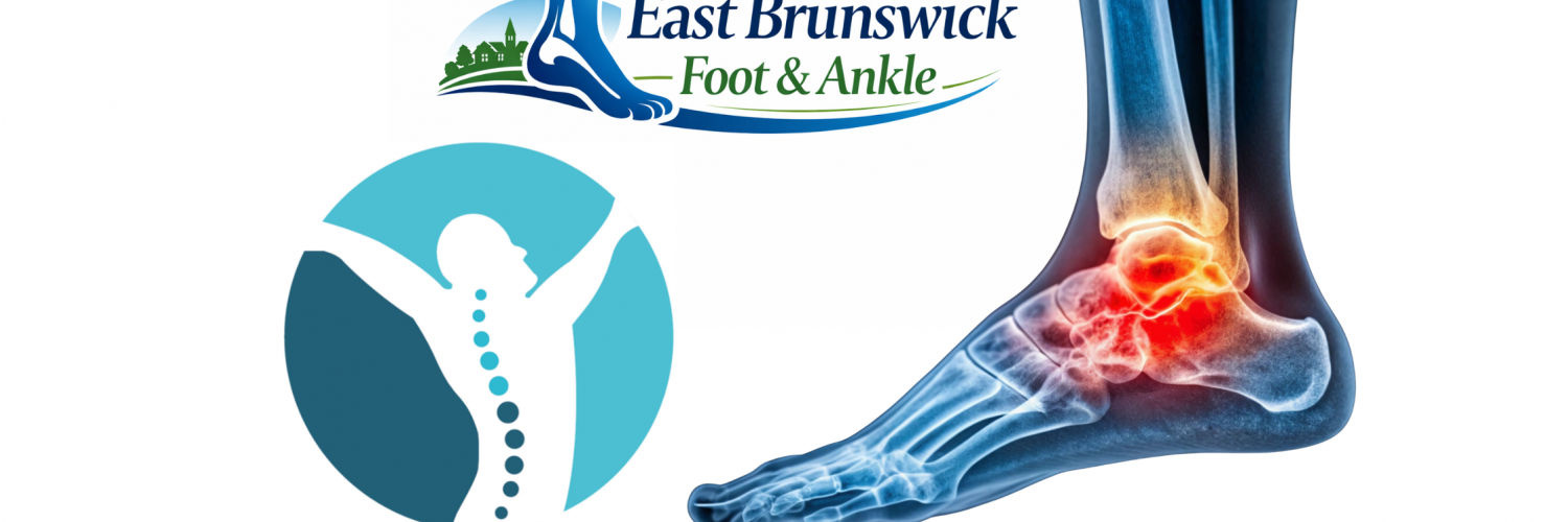 Illustration of ankle pain x-ray with logos for East Brunswick Foot & Ankle and Spineck Physical Therapy