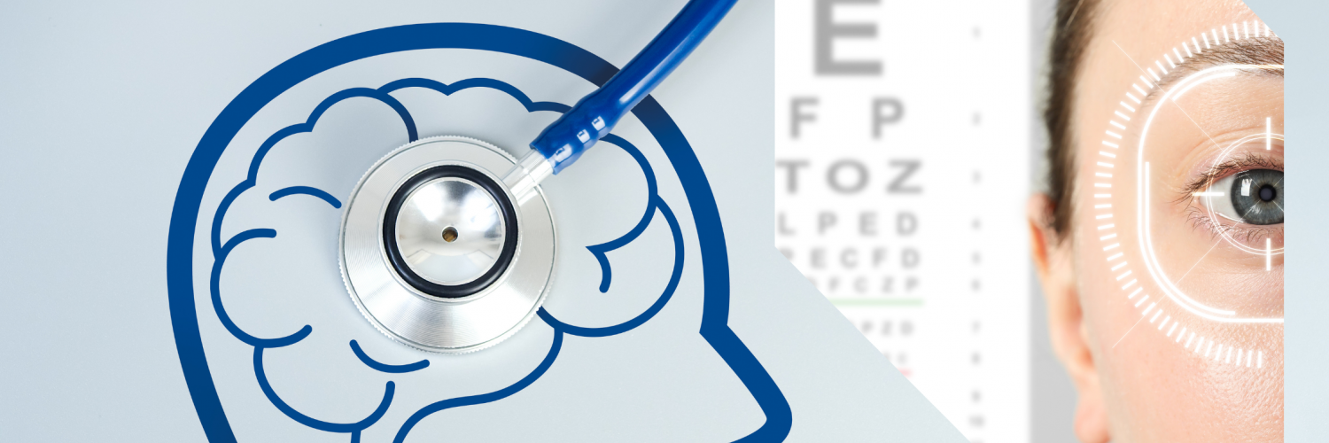 An image of a stethoscope on top of an illustrated human head and brain in reference to cognitive health, alongside an image of a young woman having a vision assessment with an eye chart.