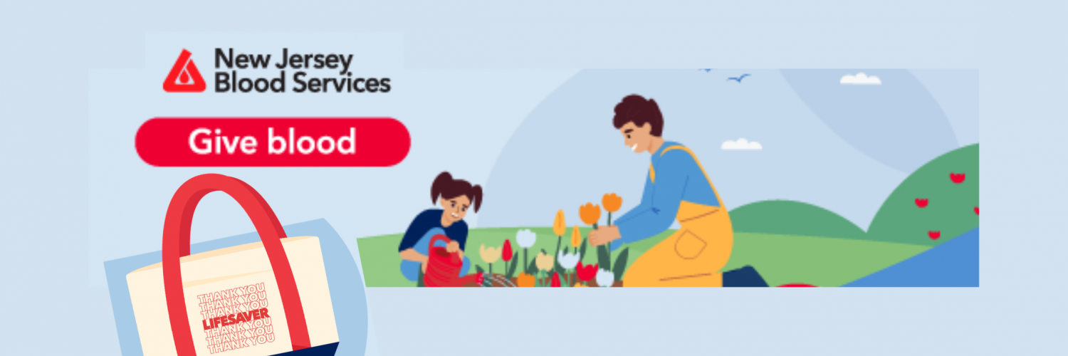 Illustration of people planting flowers alongside a logo for New Jersey Blood Services and the mini tote bag.