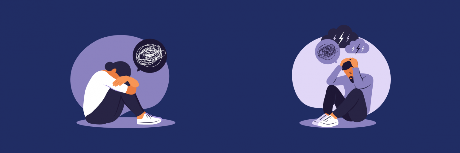 Illustrations of a young woman with her head resting on her knees while sad and a young man with his hands on his head in frustration.