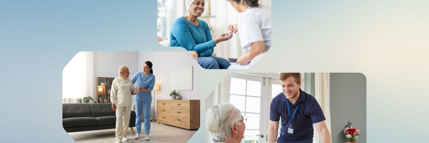 Top image: elderly woman receives a home care visit from a female health care provider to discuss medication; left image: a female nurse assists a senior woman to walk during a home health care visit; right image: a male home care worker helps to serve dinner to a senior man at his home.