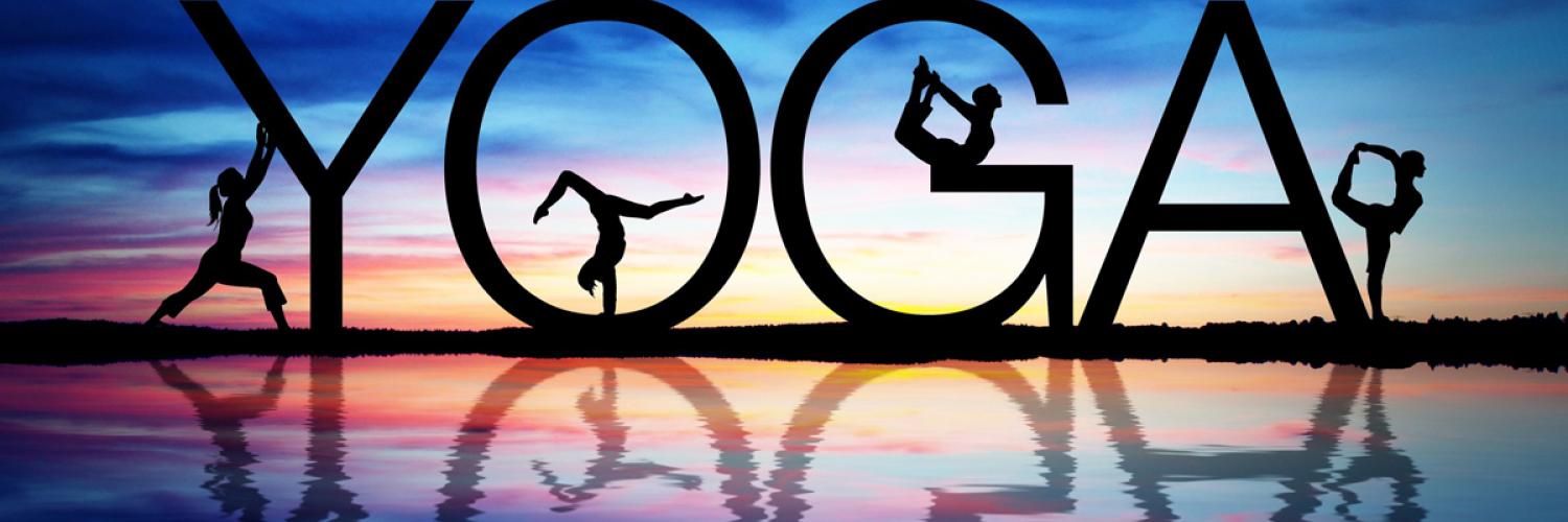 Illustration of silhouettes of people doing yoga poses alongside the word “yoga” in a nature setting