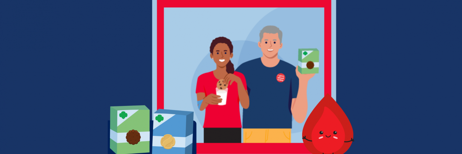 Illustration of a woman and man enjoying their free box of Girl Scout Cookies. Bottom left: illustration of 2 boxes of Girl Scout Cookies. Bottom right: illustration of an anthropomorphic blood drop.