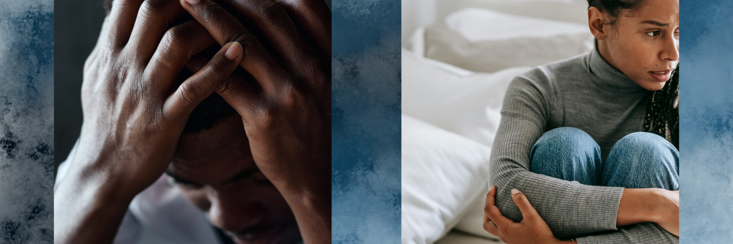 Abstract blue pastel background with the image on the left of an African American man with depression worrying while holding his head in his hands, and an image on the right of a woman of color with anxiety hugging her knees while sitting on a bed alone.