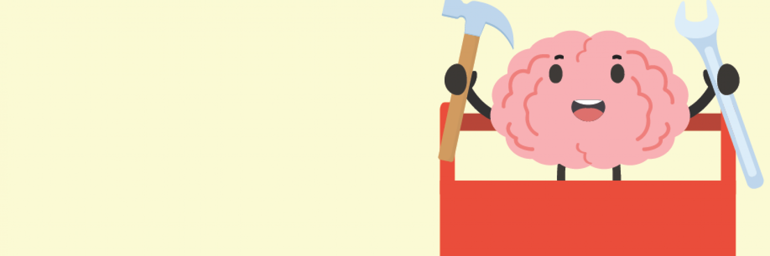 A cartoon brain in a tool box with a hammer in one hand and a wrench in the other with a pale yellow background.