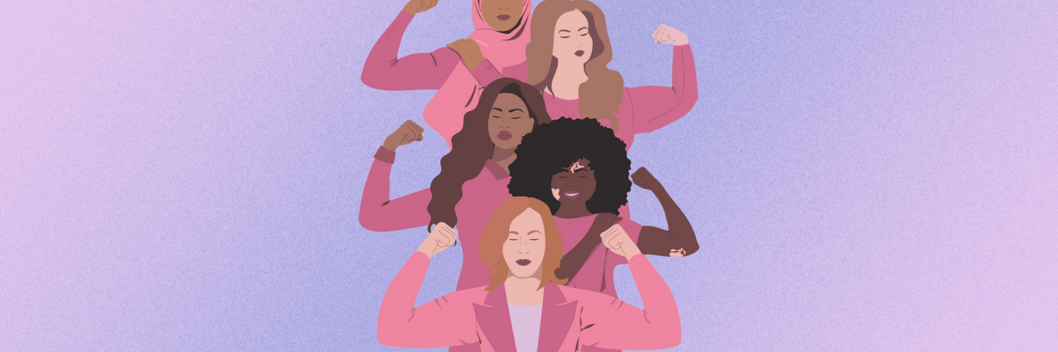 A group of women wearing pink making a muscle gesture on a pink and purple ombre background.