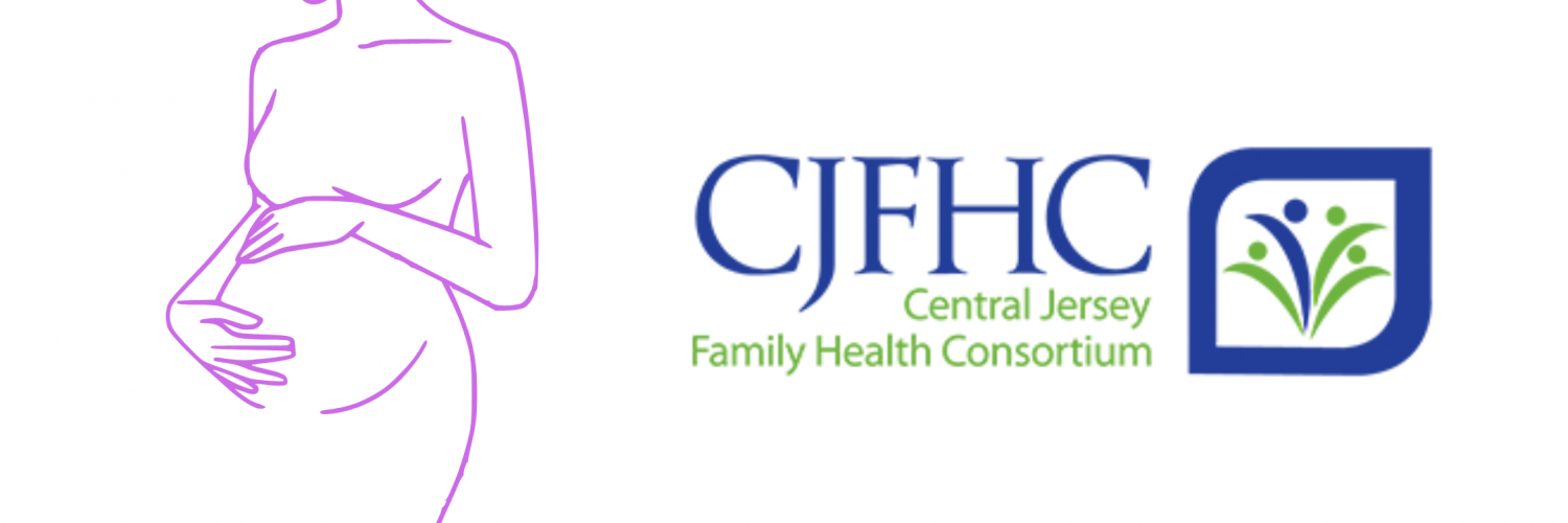 Line art of pregnant person on the left, with the CJFHC logo on the right.