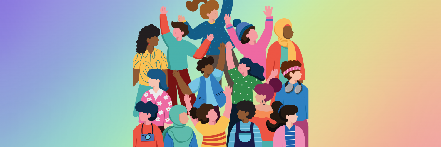 Illustration of people of all gender, ethnicities, orientations celebrating community as a group.