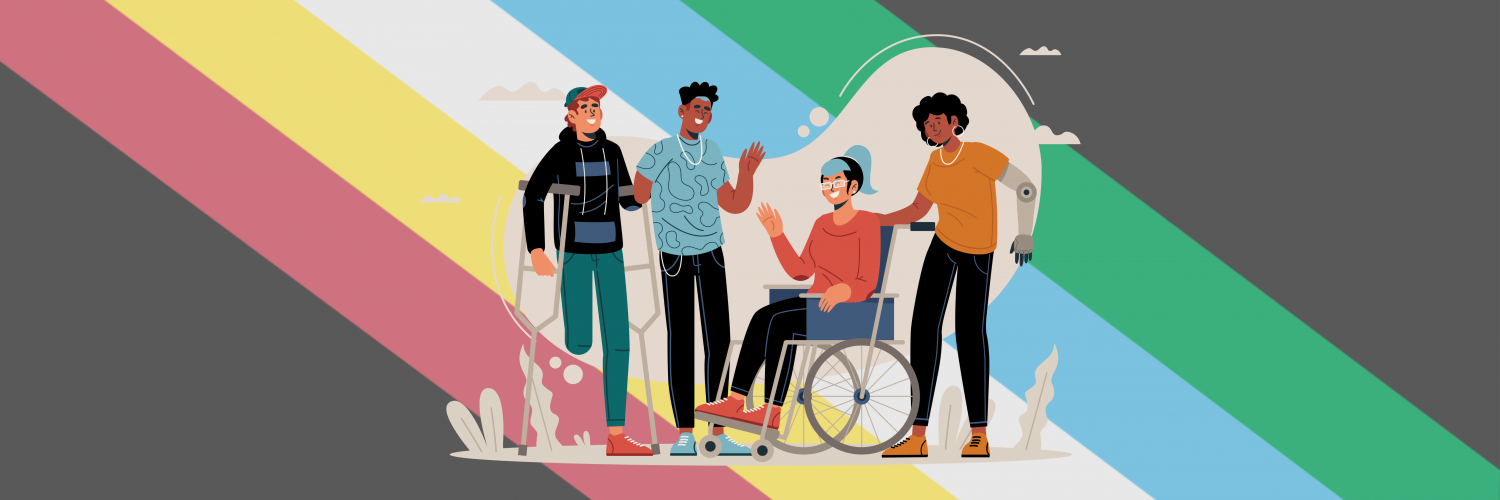 Four people with different disabilities together with the disability pride flag in the background.